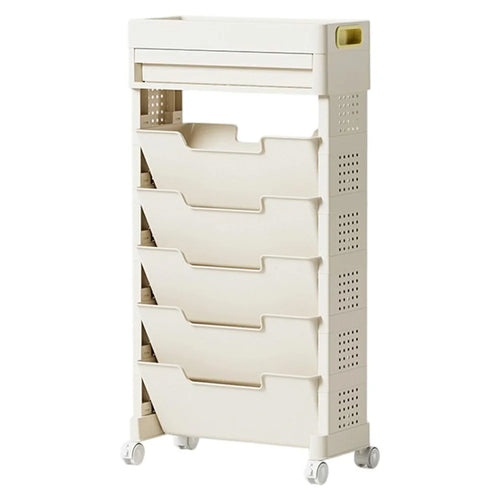 5-Tier Movable Classroom Desk Side Book Storage Rack PP Stationery Organizer with Drawer and Wheels - 1