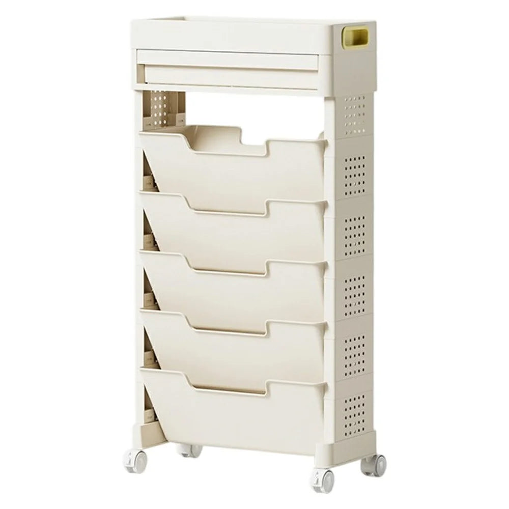 5-Tier Movable Classroom Desk Side Book Storage Rack PP Stationery Organizer with Drawer and Wheels - 1