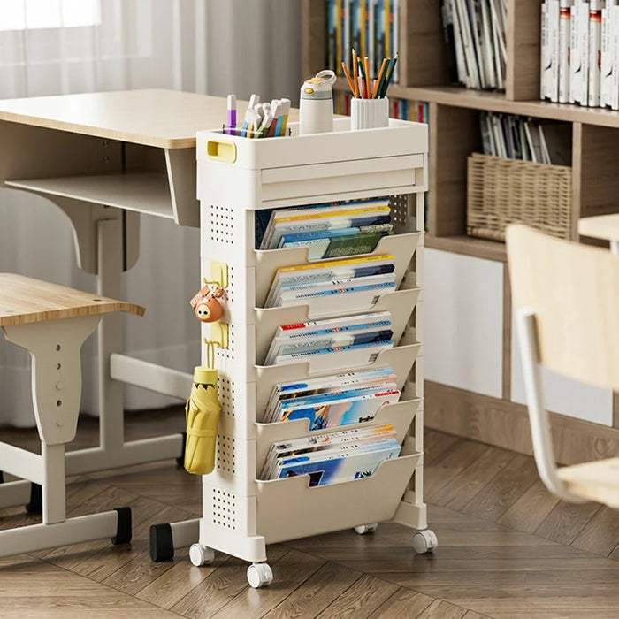 5-Tier Movable Classroom Desk Side Book Storage Rack PP Stationery Organizer with Drawer and Wheels - 2