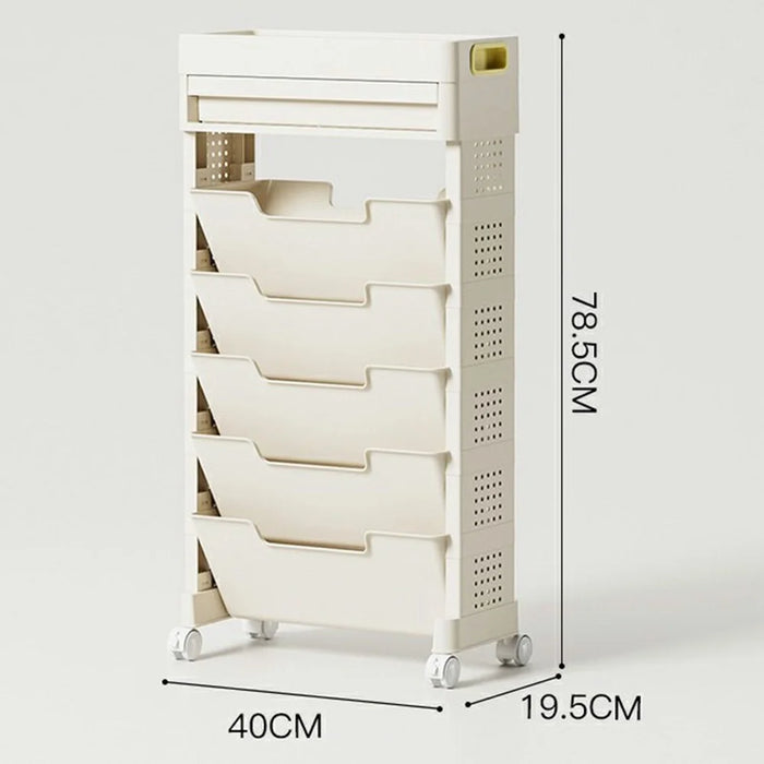 5-Tier Movable Classroom Desk Side Book Storage Rack PP Stationery Organizer with Drawer and Wheels - 6