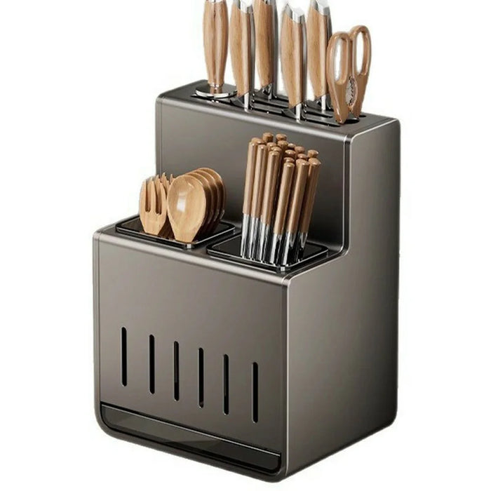 Kitchen Utensil Organizer Space Aluminum + ABS Wall Mounted No Drill Knife Holder Fork Spoon Storage Rack - Grey - 1