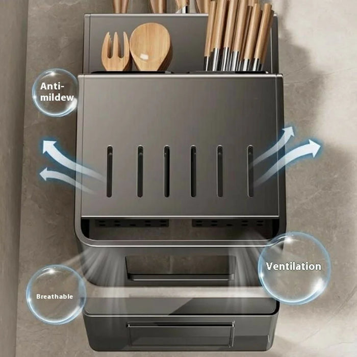 Kitchen Utensil Organizer Space Aluminum + ABS Wall Mounted No Drill Knife Holder Fork Spoon Storage Rack - Grey - 2