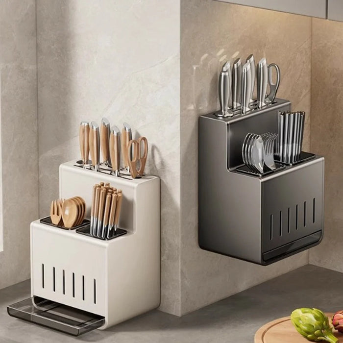 Kitchen Utensil Organizer Space Aluminum + ABS Wall Mounted No Drill Knife Holder Fork Spoon Storage Rack - Grey - 3