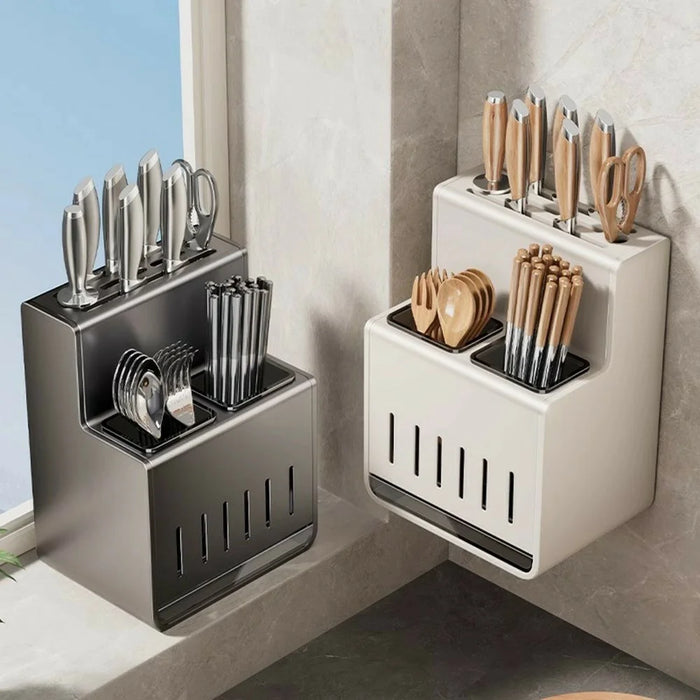 Kitchen Utensil Organizer Space Aluminum + ABS Wall Mounted No Drill Knife Holder Fork Spoon Storage Rack - Grey - 4