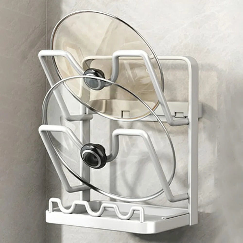 2 Tier No Drilling Wall Mounted Pot Lid Organizer Carbon Steel Cutting Board Holder Kitchen Storage Rack - White - 1