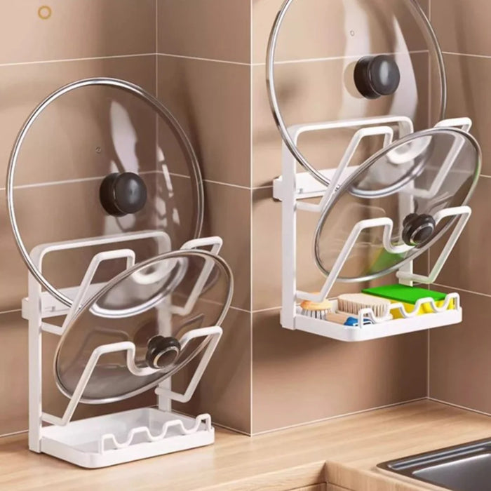 2 Tier No Drilling Wall Mounted Pot Lid Organizer Carbon Steel Cutting Board Holder Kitchen Storage Rack - White - 3
