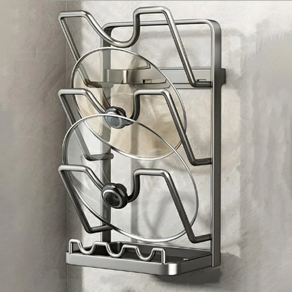 3 Tier No Drilling Wall Mounted Pot Lid Organizer Carbon Steel Cutting Board Holder Kitchen Storage Rack - Grey - 1