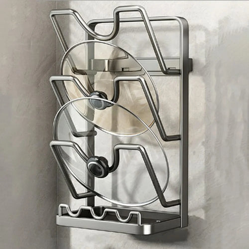 3 Tier No Drilling Wall Mounted Pot Lid Organizer Carbon Steel Cutting Board Holder Kitchen Storage Rack - Grey - 1