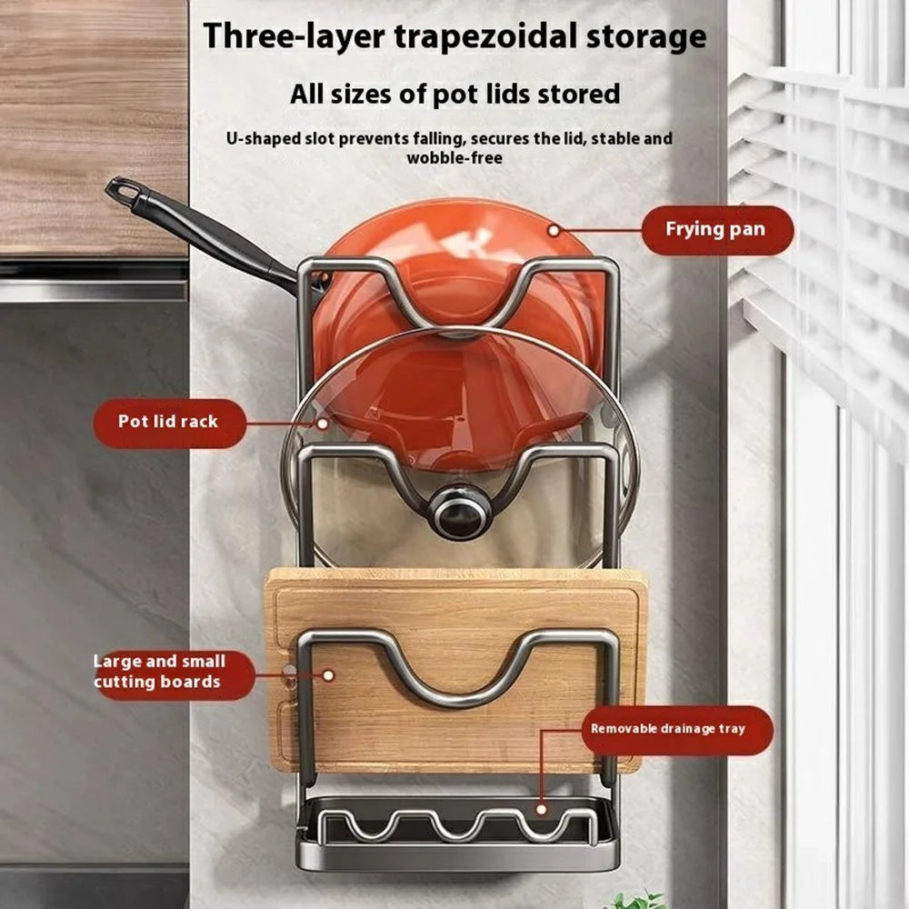3 Tier No Drilling Wall Mounted Pot Lid Organizer Carbon Steel Cutting Board Holder Kitchen Storage Rack - Grey - 2