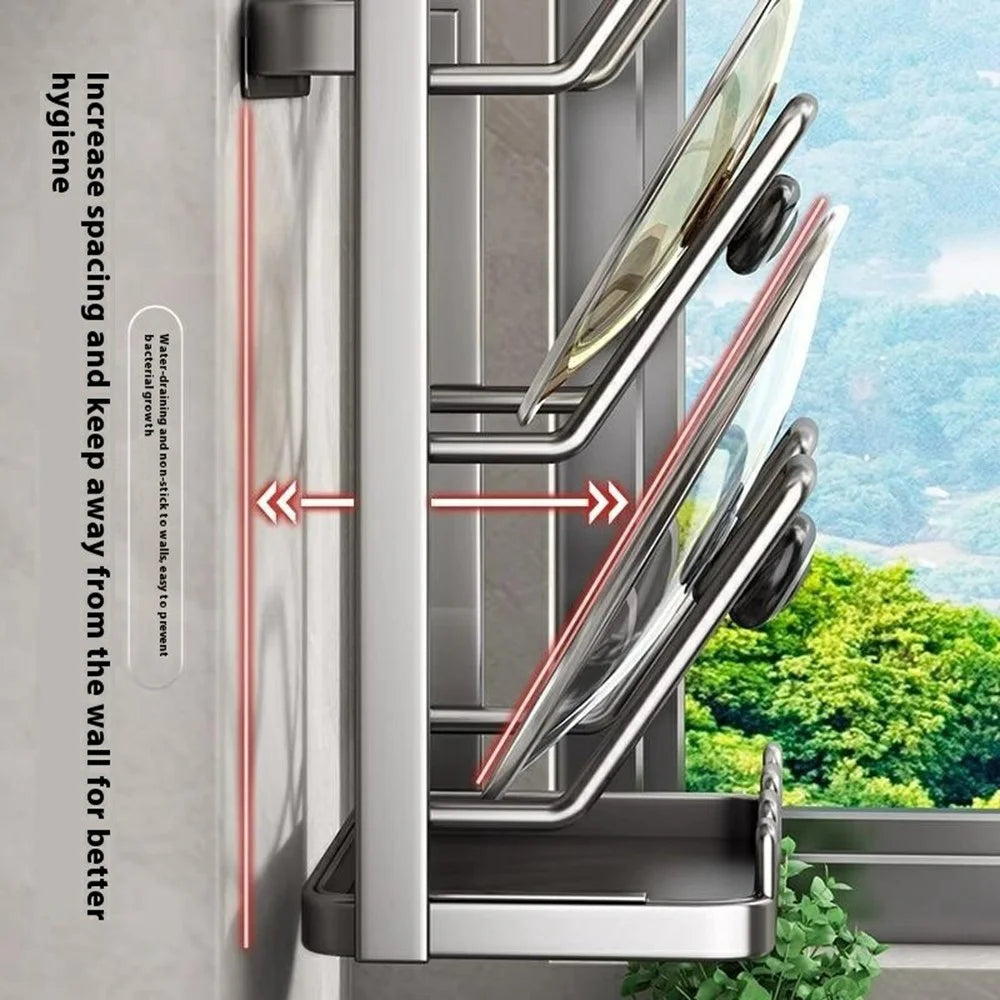 3 Tier No Drilling Wall Mounted Pot Lid Organizer Carbon Steel Cutting Board Holder Kitchen Storage Rack - Grey - 3