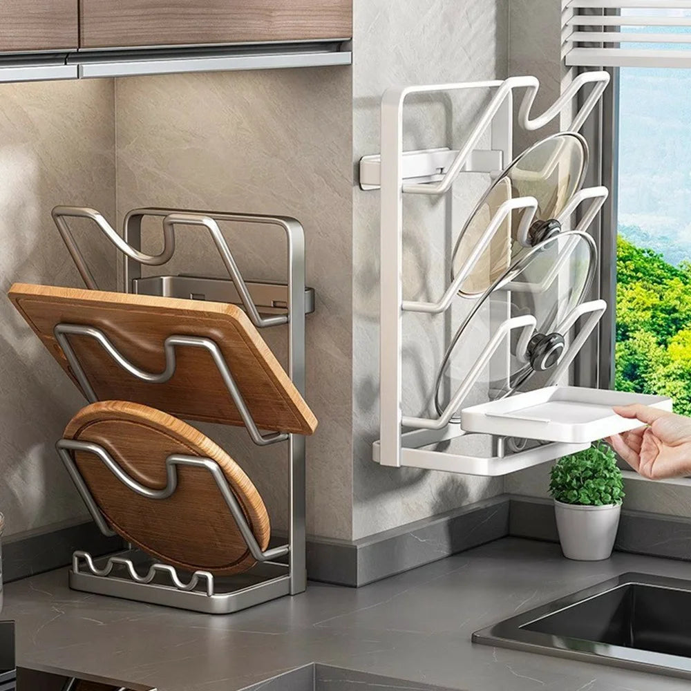 3 Tier No Drilling Wall Mounted Pot Lid Organizer Carbon Steel Cutting Board Holder Kitchen Storage Rack - Grey - 4