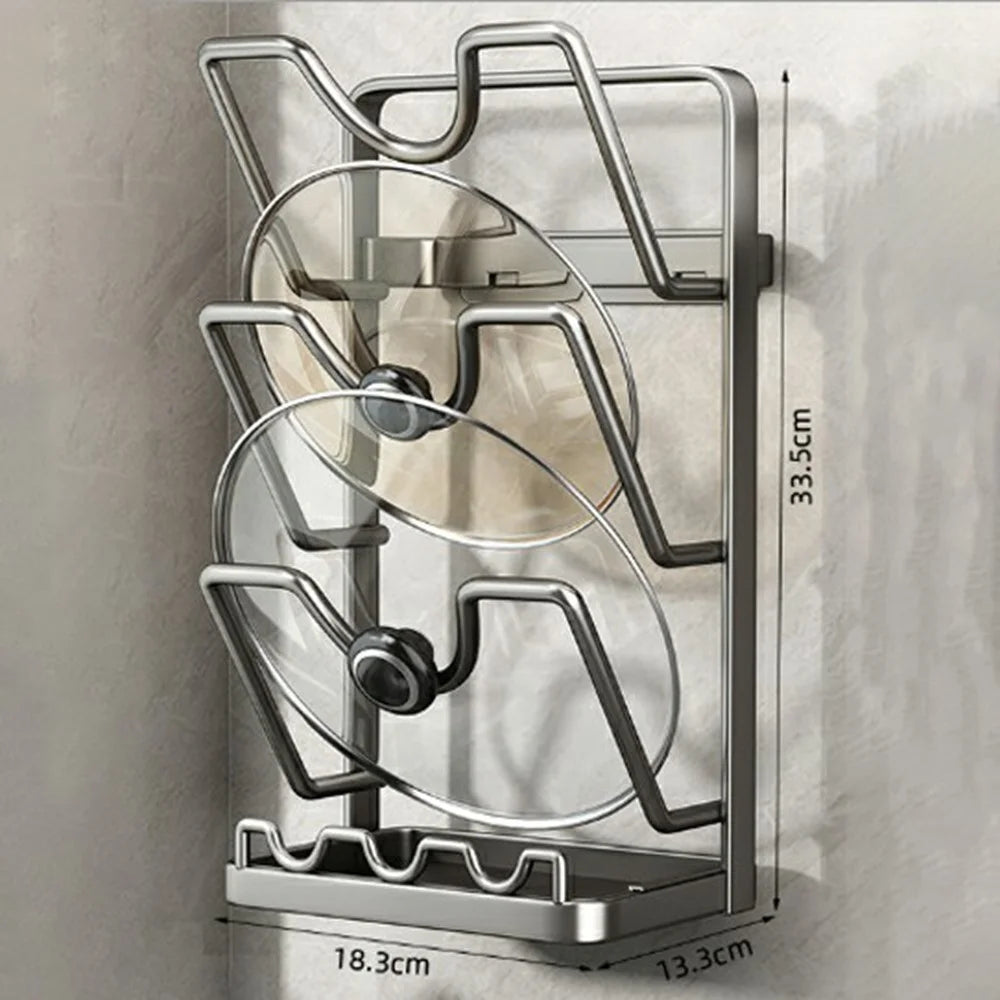 3 Tier No Drilling Wall Mounted Pot Lid Organizer Carbon Steel Cutting Board Holder Kitchen Storage Rack - Grey - 5