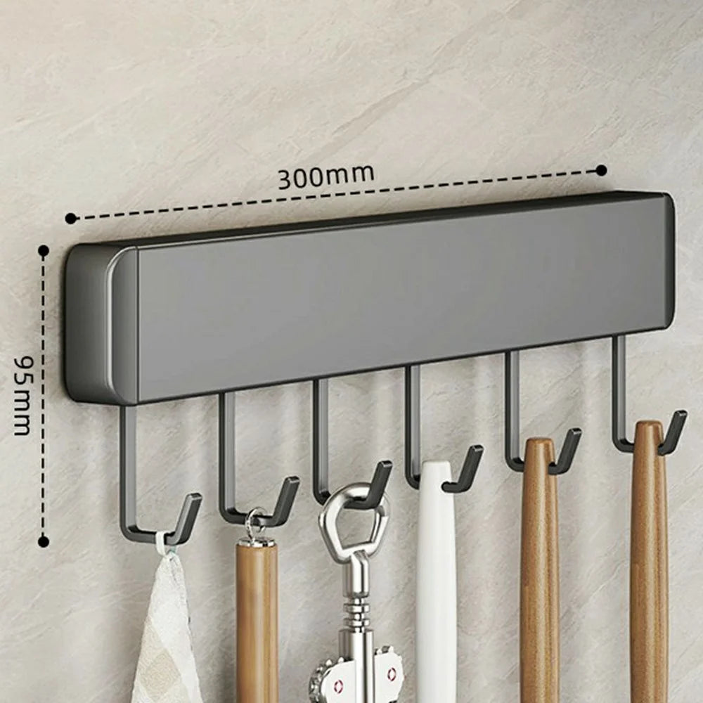 30cm 6-Hook Adhesive Kitchen Hanging Rack Wall Mounted Aluminum Spatula Spoon Towel Hanger - 4