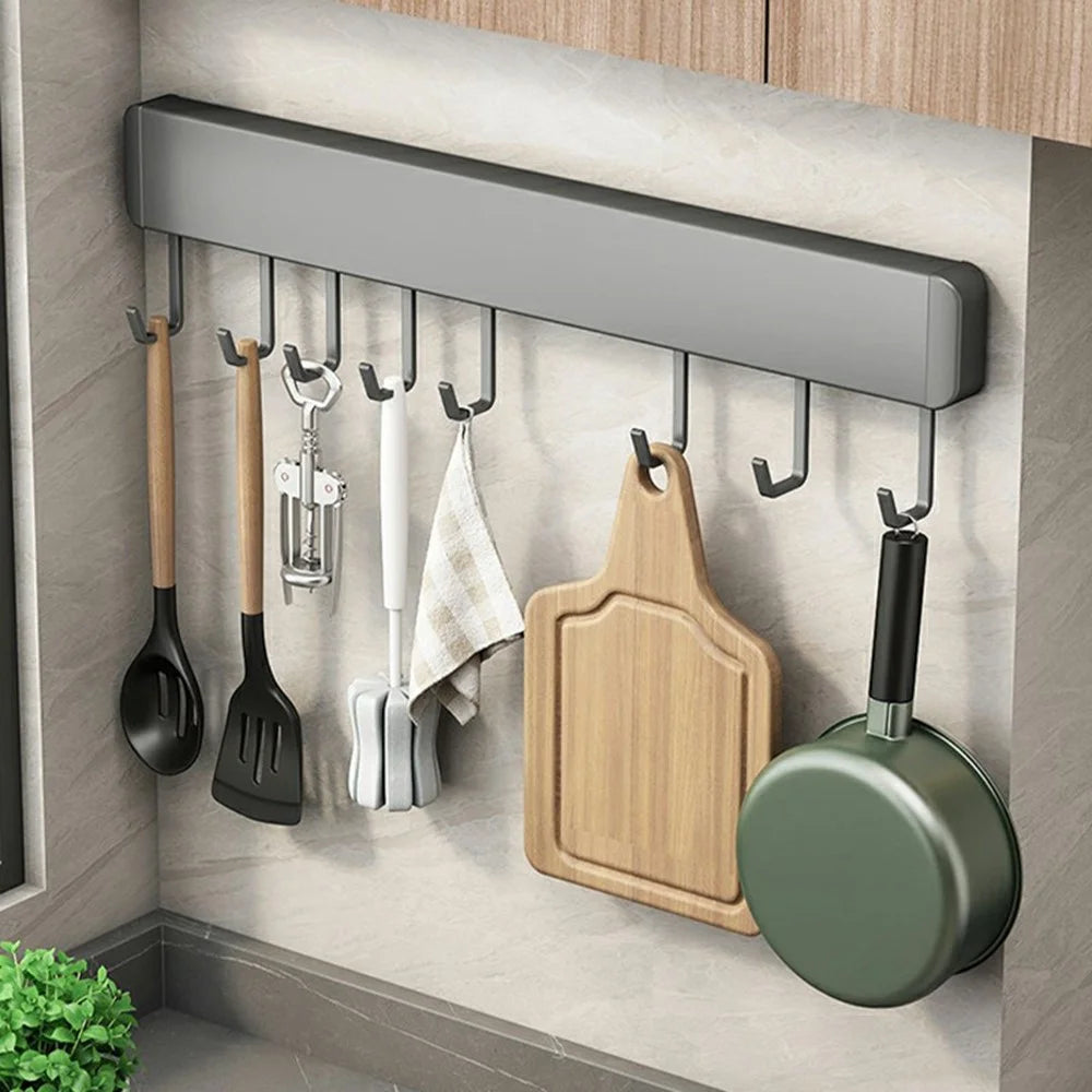 40cm 8-Hook Adhesive Kitchen Hanging Rack Wall Mounted Aluminum Spatula Spoon Towel Hanger - 2