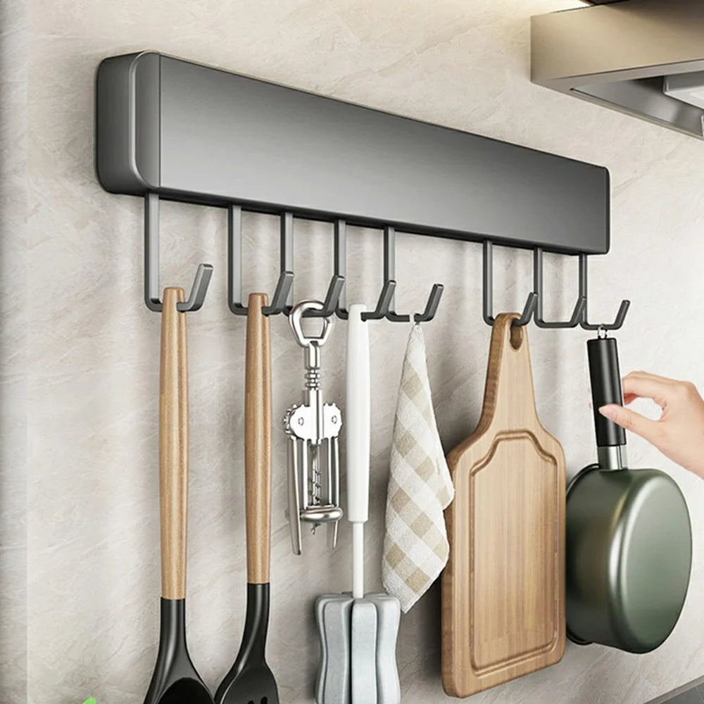 40cm 8-Hook Adhesive Kitchen Hanging Rack Wall Mounted Aluminum Spatula Spoon Towel Hanger - 3