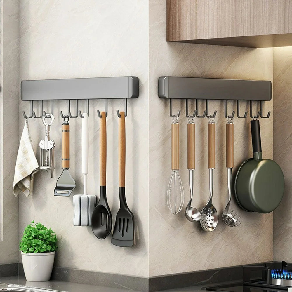 40cm 8-Hook Adhesive Kitchen Hanging Rack Wall Mounted Aluminum Spatula Spoon Towel Hanger - 5