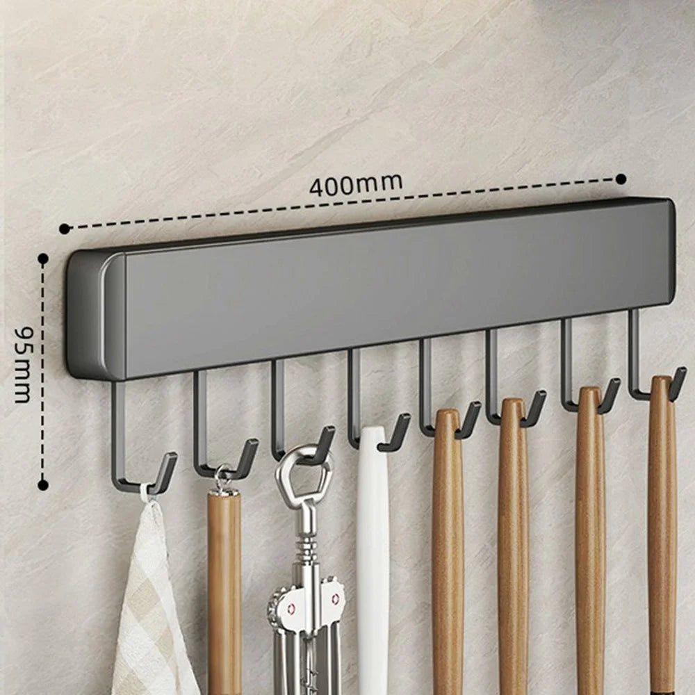 40cm 8-Hook Adhesive Kitchen Hanging Rack Wall Mounted Aluminum Spatula Spoon Towel Hanger - 7