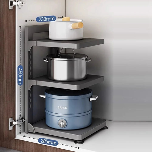 3-Tier Kitchen Pot Rack Carbon Steel Organizer Adjustable Under Sink Countertop Storage Shelf - Grey - 1