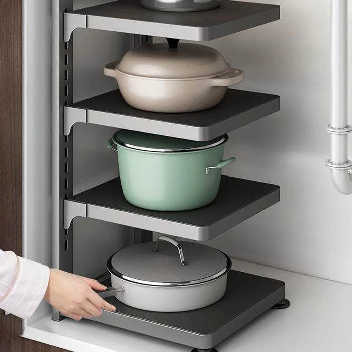4-Tier Kitchen Pot Rack Carbon Steel Organizer Adjustable Under Sink Countertop Storage Shelf - Grey - 5