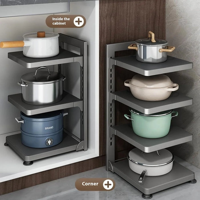 4-Tier Kitchen Pot Rack Carbon Steel Organizer Adjustable Under Sink Countertop Storage Shelf - Grey - 6