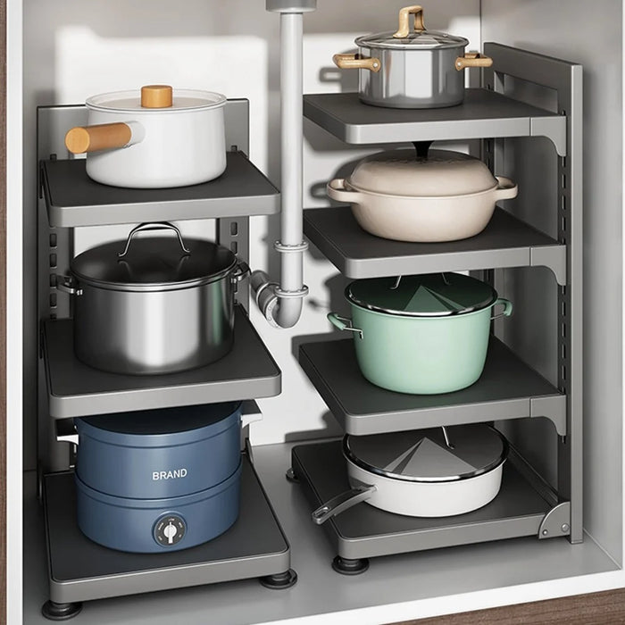 4-Tier Kitchen Pot Rack Carbon Steel Organizer Adjustable Under Sink Countertop Storage Shelf - Grey - 7