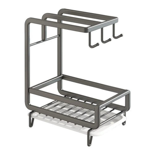 Kitchen Sink Organizer Sponge Holder Dish Cloth Hanger Carbon Steel Draining Rack with 3 Hooks - Grey / Countertop - 1