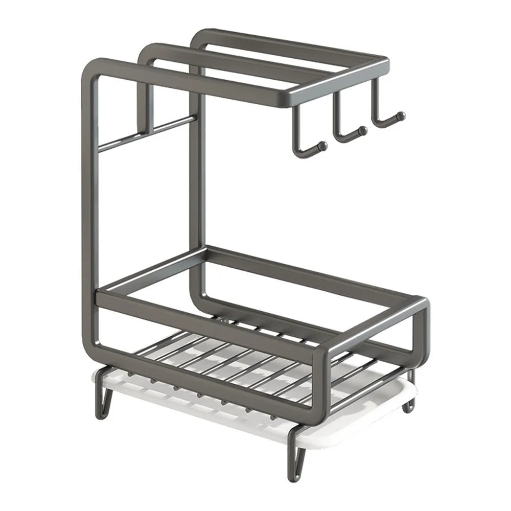 Kitchen Sink Organizer Sponge Holder Dish Cloth Hanger Carbon Steel Draining Rack with 3 Hooks - Grey / Countertop - 1