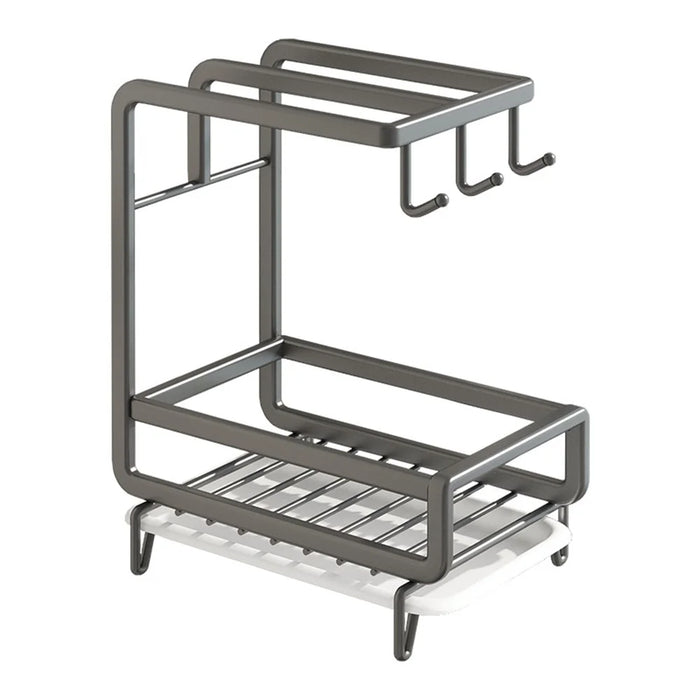 Kitchen Sink Organizer Sponge Holder Dish Cloth Hanger Carbon Steel Draining Rack with 3 Hooks - Grey / Countertop - 1