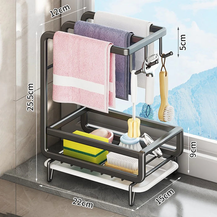 Kitchen Sink Organizer Sponge Holder Dish Cloth Hanger Carbon Steel Draining Rack with 3 Hooks - Grey / Countertop - 2