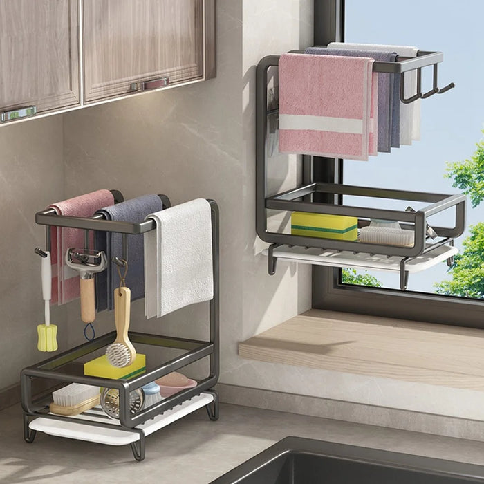 Kitchen Sink Organizer Sponge Holder Dish Cloth Hanger Carbon Steel Draining Rack with 3 Hooks - Grey / Countertop - 3