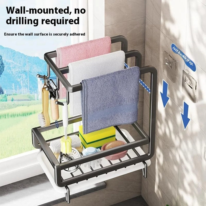 Kitchen Sink Organizer Sponge Holder Dish Cloth Hanger Carbon Steel Draining Rack with 3 Hooks - Grey / Countertop - 4