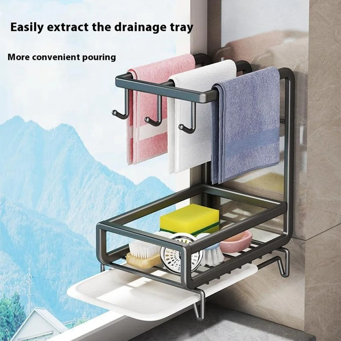 Kitchen Sink Organizer Sponge Holder Dish Cloth Hanger Carbon Steel Draining Rack with 3 Hooks - Grey / Countertop - 5