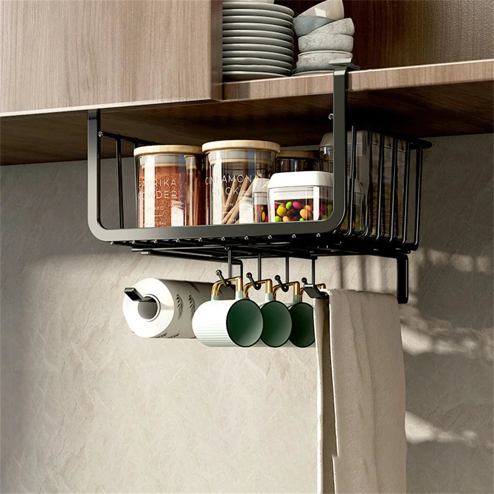 Kitchen Under Cabinet Storage Rack Carbon Steel Paper Towel Hanging Basket with Hooks - Black - 2