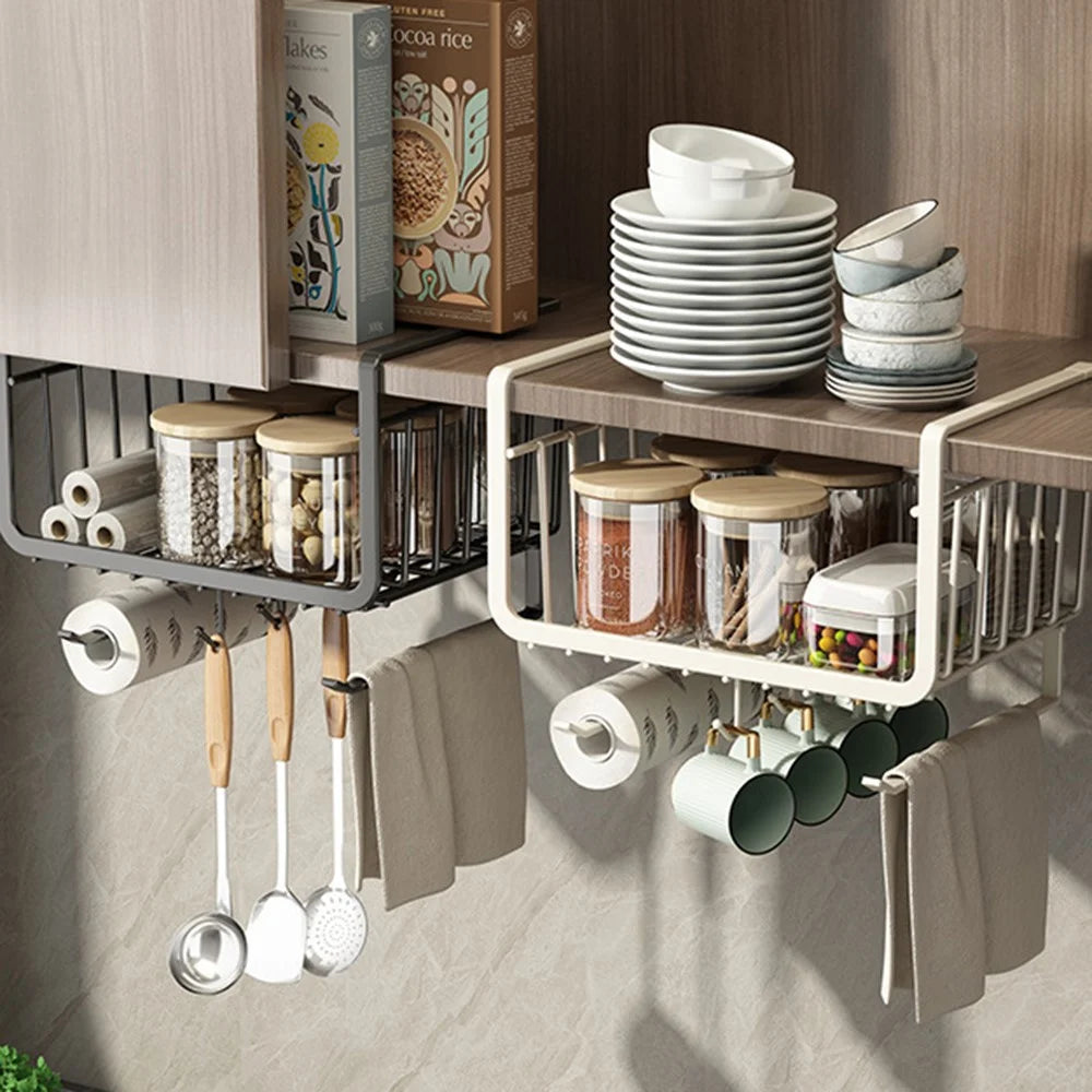 Kitchen Under Cabinet Storage Rack Carbon Steel Paper Towel Hanging Basket with Hooks - Black - 3