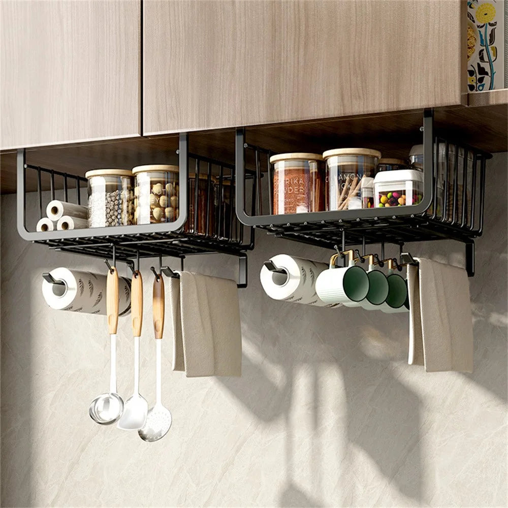 Kitchen Under Cabinet Storage Rack Carbon Steel Paper Towel Hanging Basket with Hooks - Black - 4