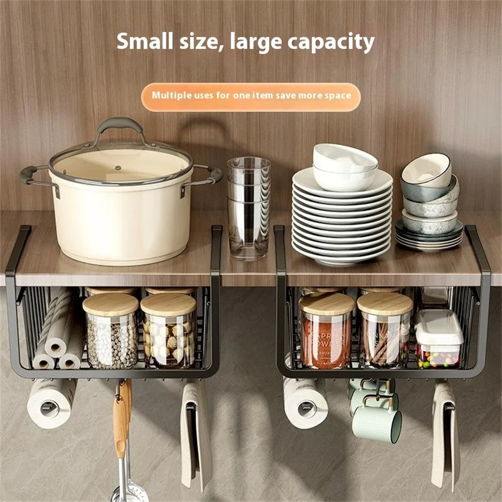 Kitchen Under Cabinet Storage Rack Carbon Steel Paper Towel Hanging Basket with Hooks - Black - 5