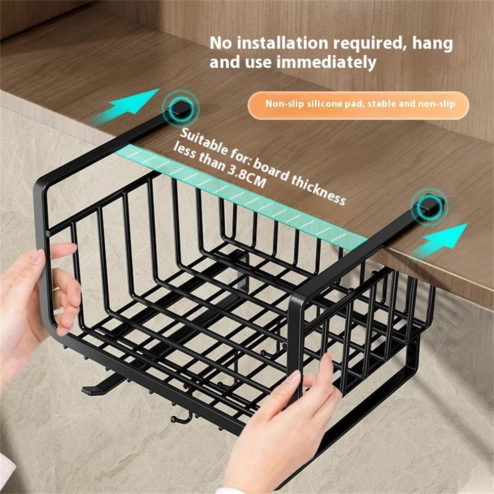 Kitchen Under Cabinet Storage Rack Carbon Steel Paper Towel Hanging Basket with Hooks - Black - 6