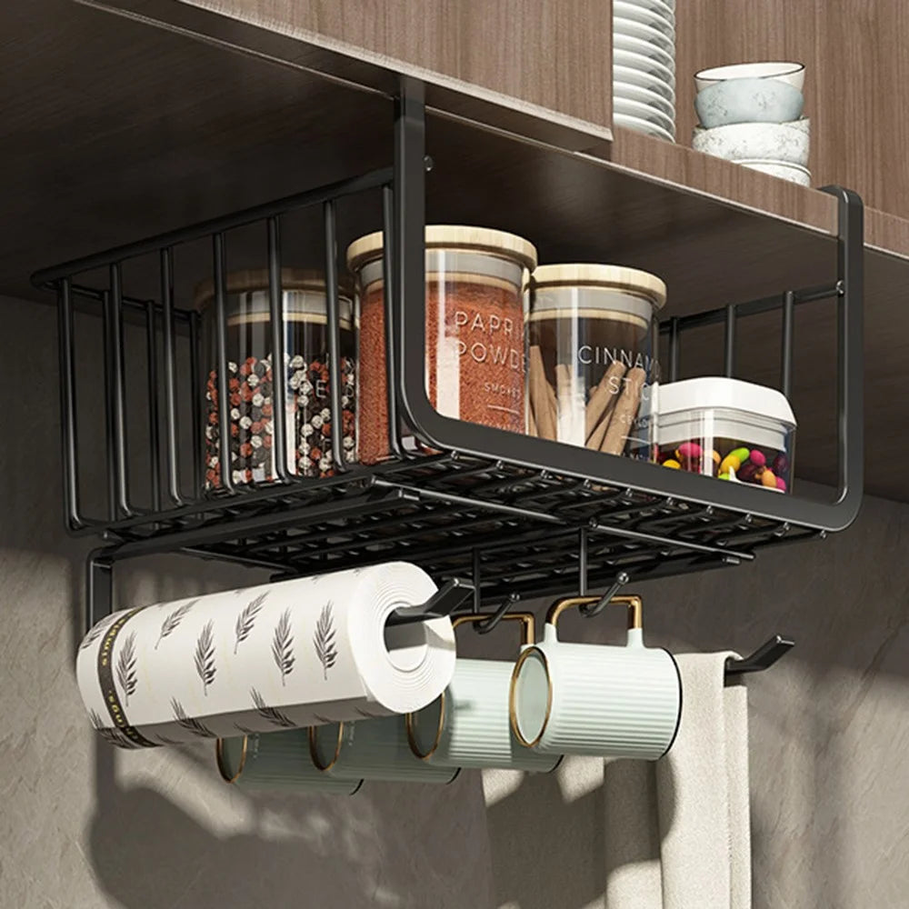 Kitchen Under Cabinet Storage Rack Carbon Steel Paper Towel Hanging Basket with Hooks - Black - 7