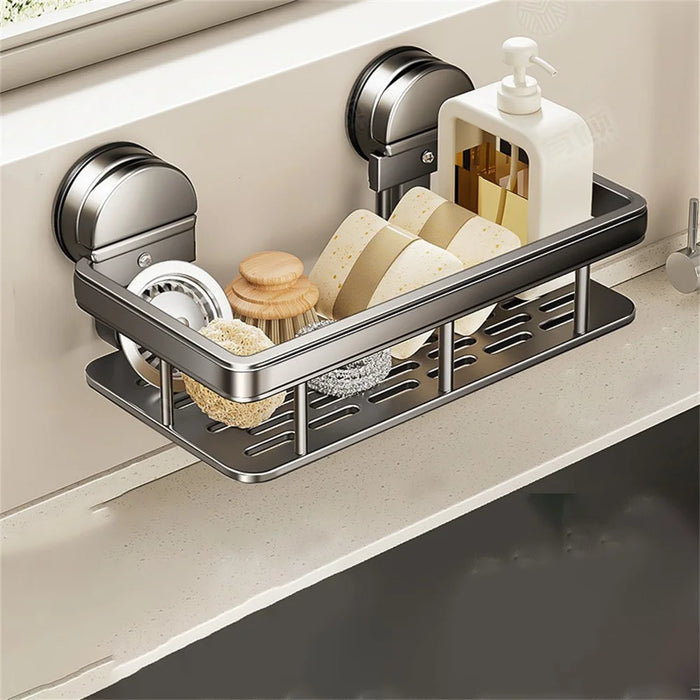 Kitchen Sink Organizer Suction Cup Space Aluminum Dish Sponge Holder Wall Mounted Draining Rack - 1