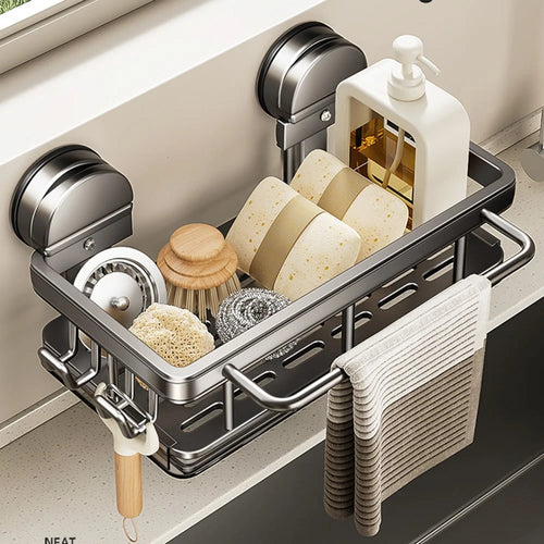 Kitchen Sink Organizer Suction Cup Space Aluminum Dish Sponge Holder Draining Rack with Hanging Rod + 2 Hooks - 1