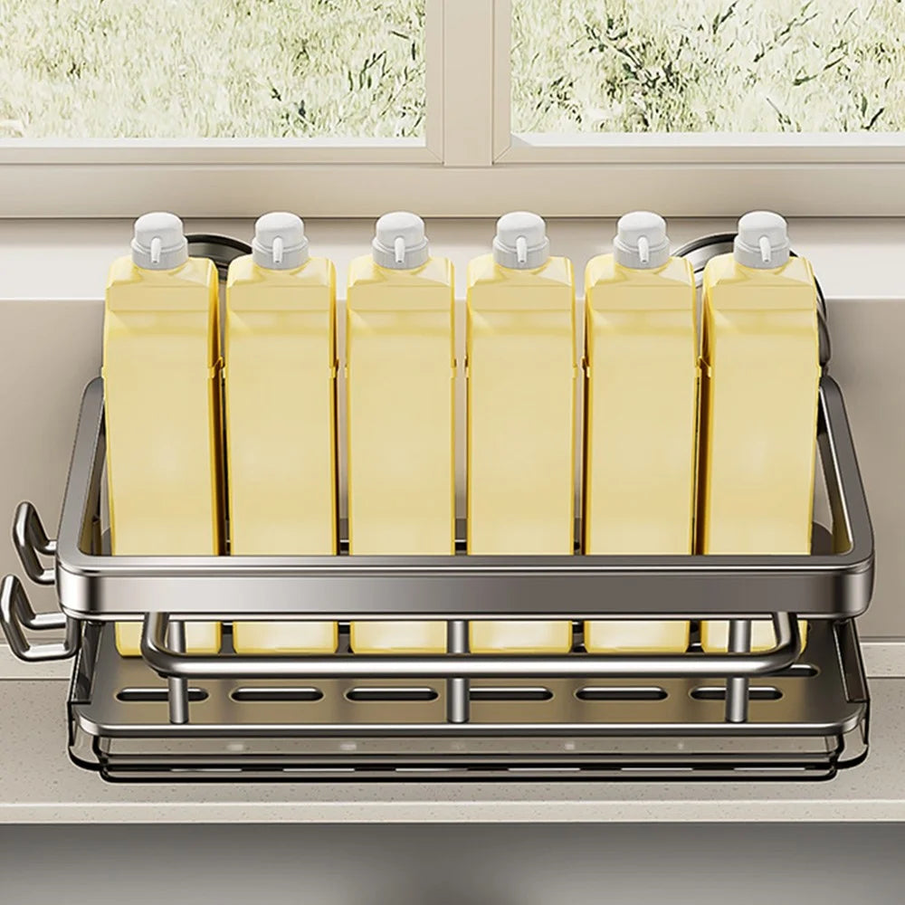 Kitchen Sink Organizer Suction Cup Space Aluminum Dish Sponge Holder Draining Rack with Hanging Rod + 2 Hooks - 3