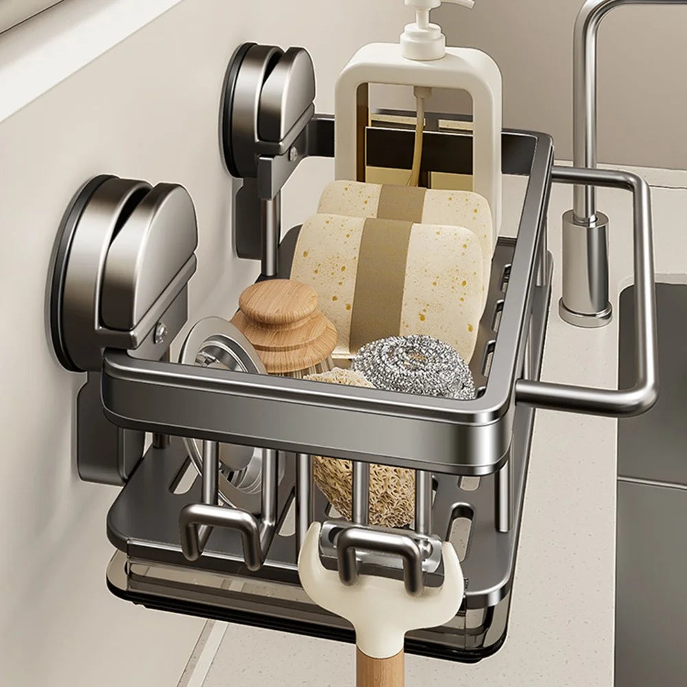 Kitchen Sink Organizer Suction Cup Space Aluminum Dish Sponge Holder Draining Rack with Hanging Rod + 2 Hooks - 4