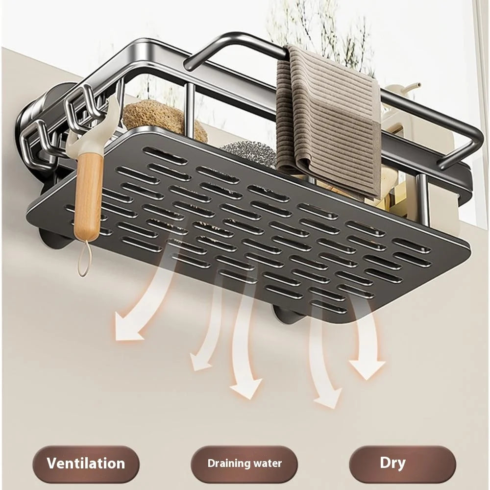 Kitchen Sink Organizer Suction Cup Space Aluminum Dish Sponge Holder Draining Rack with Hanging Rod + 2 Hooks - 5