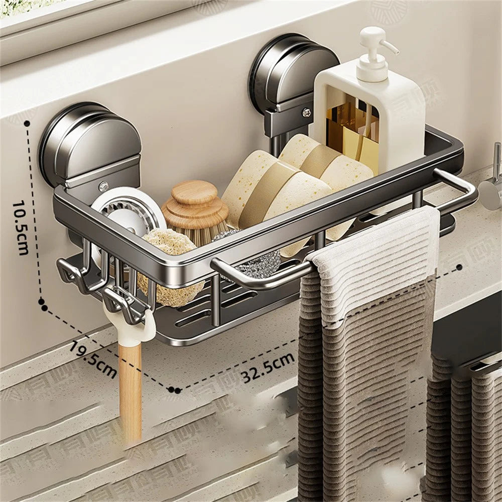 Kitchen Sink Organizer Suction Cup Space Aluminum Dish Sponge Holder Draining Rack with Hanging Rod + 2 Hooks - 6