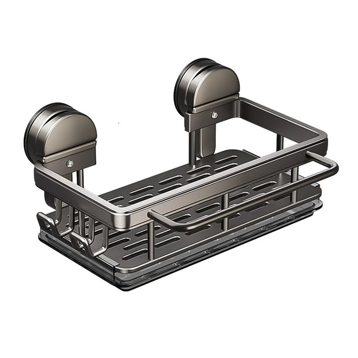 Kitchen Sink Organizer Suction Cup Space Aluminum Dish Sponge Holder Draining Rack with Hanging Rod + 2 Hooks + Drip Tray - 1