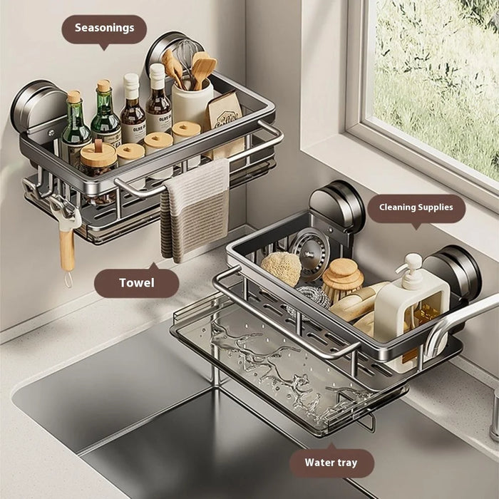 Kitchen Sink Organizer Suction Cup Space Aluminum Dish Sponge Holder Draining Rack with Hanging Rod + 2 Hooks + Drip Tray - 3
