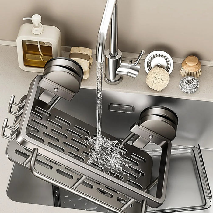 Kitchen Sink Organizer Suction Cup Space Aluminum Dish Sponge Holder Draining Rack with Hanging Rod + 2 Hooks + Drip Tray - 4