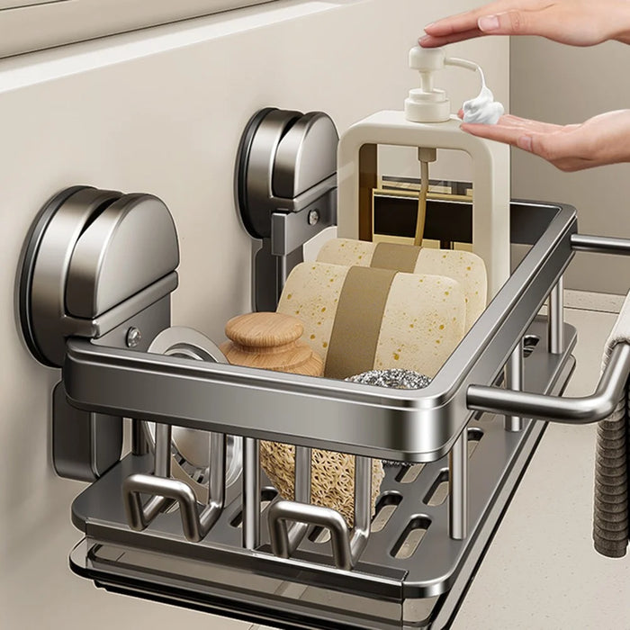 Kitchen Sink Organizer Suction Cup Space Aluminum Dish Sponge Holder Draining Rack with Hanging Rod + 2 Hooks + Drip Tray - 5