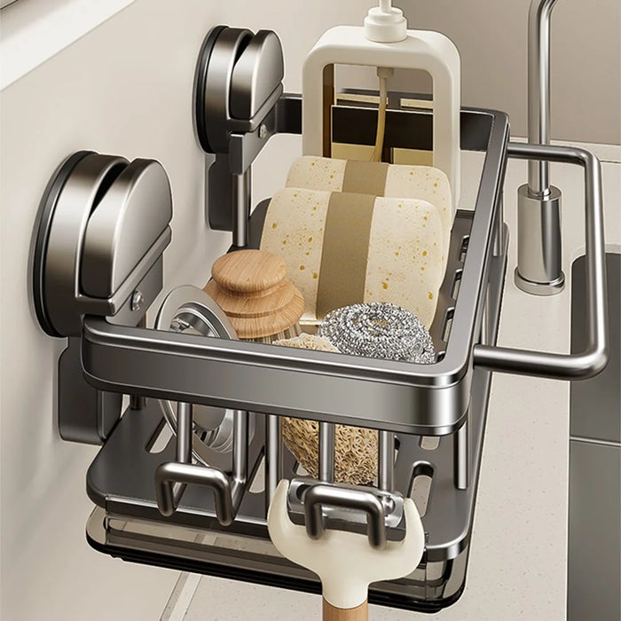 Kitchen Sink Organizer Suction Cup Space Aluminum Dish Sponge Holder Draining Rack with Hanging Rod + 2 Hooks + Drip Tray - 6