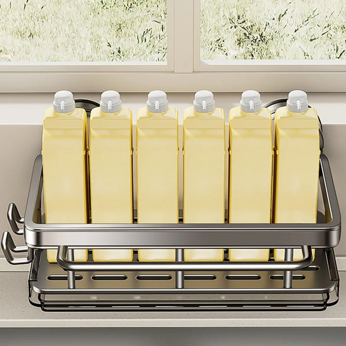 Kitchen Sink Organizer Suction Cup Space Aluminum Dish Sponge Holder Draining Rack with Hanging Rod + 2 Hooks + Drip Tray - 7